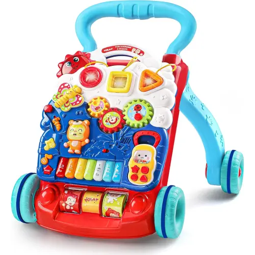 YOLAY Baby Walker Push with Wheels, Sit-to-Stand Walker for Baby Boy and Girl 6-12 Months with Detachable Play Panel, Stable Handle, Early Learning Activity for Kids - Blue
