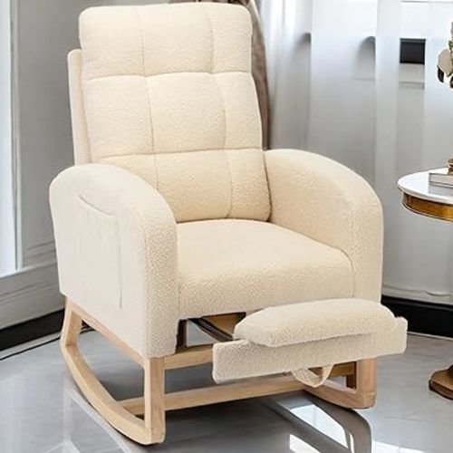 Nursery Rocking Chair with Adjustable Footrest for Living Room - Teddy Fabric, Solid Wooden Legs, Comfortable Lounge Armchair with High Backrest and Side Pockets (Contemporary, Green)