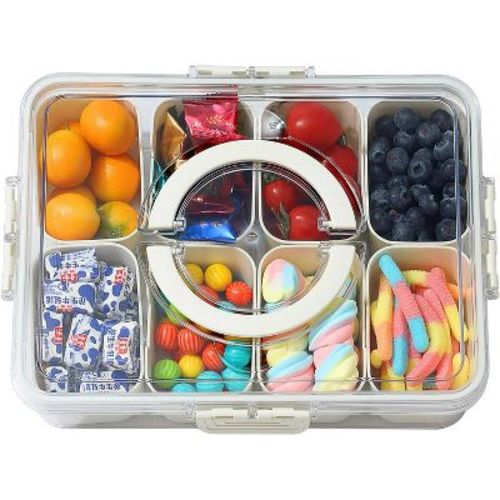 1 Piece Divided Tray with Lid and Handle - Portable Snack Box Deli Container, Clear Snack Platter Organizer, 8 Compartments, White
