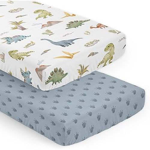 Sweet Jojo Designs Watercolor Dinosaur Dino Boy Baby Fitted Crib Sheet Set Infant Newborn Nursery Toddler Bed Room Standard Mattress 2p Blue Tracks Footprint Green Modern Dinosaurs Animal Nature