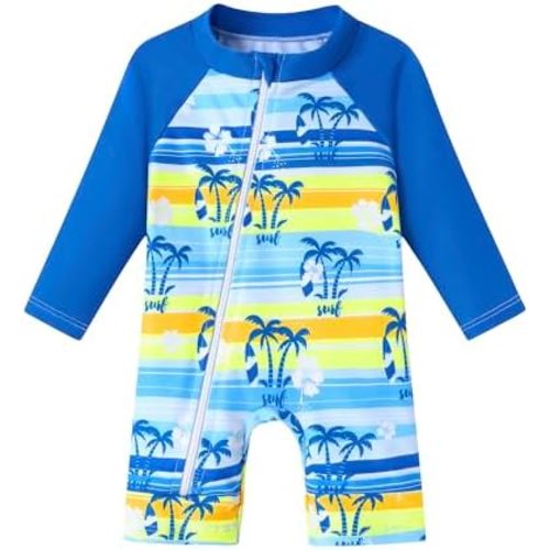 Baby Swimsuit Boy One Piece Full Zip Rash Guard Bathing Suits Kids UPF 50+ Long Sleeve Beach Swimwear 0-24 Months