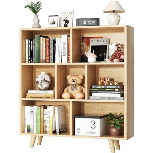 Shintenchi Wooden 7 Cube Bookshelf, 3 Tier Bookcase with Legs, Modern Open Storage Organizer Shelf,Display Cabinet Shelf Free Standing Bookshelves for Bedroom,Living Room,Office,Natural