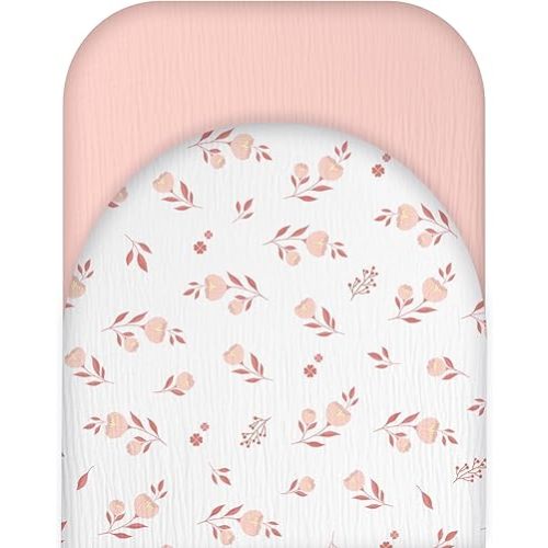 Muslin Bassinet Sheets for Baby Girl - Extra Soft 100% Cotton Bassinet Sheets Fitted for Oval Rectangle Hourglass Mattress, 2 Pack(Pink&Floral)