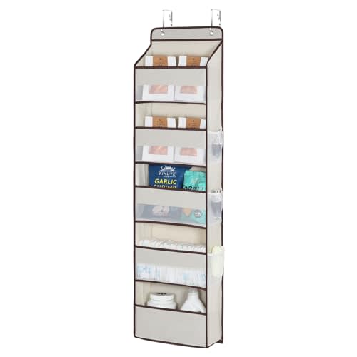 Univivi 1 Pack Over The Door Organizer, Non-Tilting Over The Door Organizer Hanging Door Storage With 5 Large Compartments 6 Side Pockets for Nursery Storage (Beige)