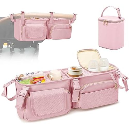 Stroller Wagon Organizer Compatible with Wonderfold W4 Wagon, Parent Console Caddy Wagon Accessories with Cup Holder and Cooler Bag, Pink (Empty Bag)