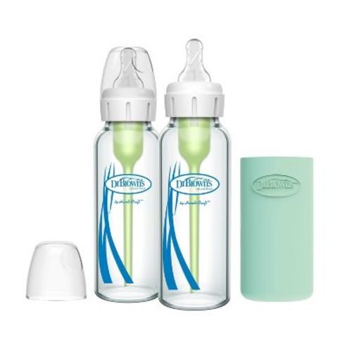 Dr. Brown's 8oz Anti-colic Options+ Narrow Glass Baby Bottle With Level 1 Slow Flow Nipple & Silicone Sleeve - 2pk