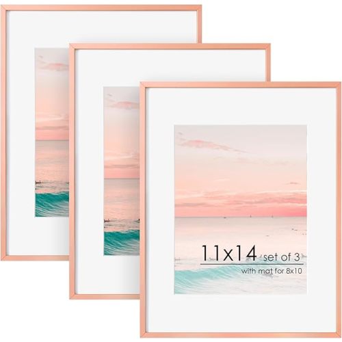 11x14 Picture Frame | 11x14 Metal Picture Frame With Mat For 8x10 | 11x14 Frame Aluminum | Plexiglass And Hanging Hardware Included | 11x14 Poster Frame | Set of 3, Rose Gold