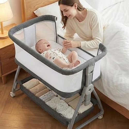 Bedside Bassinet for Baby, Sturdy 3 in 1 Bedside Sleeper with Mattress & Wheels, Height Adjustable, Breathable Mesh, Storage Basket, Easy to Assemble for Newborn, Grey