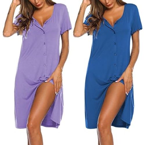 Ekouaer 2 Pack Nightgowns for Women Button Down Night Shirts Short Sleeve Sleep Shirts V Neck Sleepwear Pajama Dress