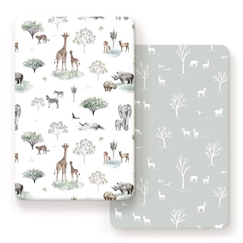 Stretch Ultra Soft Jersey Knit Fitted Pack n Play Sheets Set 2 Pack, Portable/Mini Crib Sheets for Boys and Girls, Pretty African Savannah Animals Pattern - Pack N Play