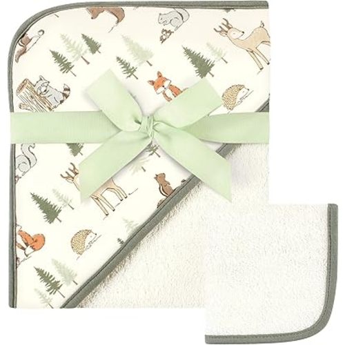 Hudson Baby Unisex Baby Cotton Hooded Towel and Washcloth, Forest Animals, One Size
