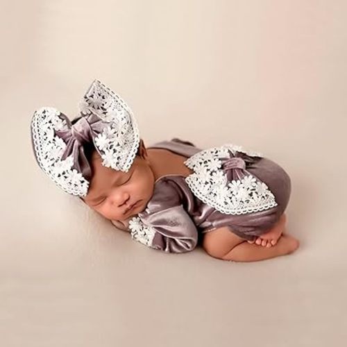 Newborn Photo Props Outfits Girl Newborn Photography Props Baby Girl Romper Headress Infant Princess Costume (Lotus color)