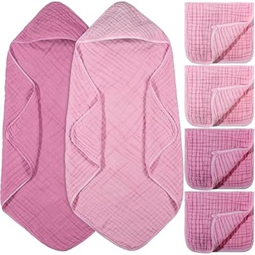 6 Pcs Baby Muslin Hooded Bath Towels and Washcloths, 32 x 32 Inch Muslin Cotton Hooded Baby Towels Absorbent Hooded Blankets for Gift Newborn Infant Shower (Rose Red,Pink)