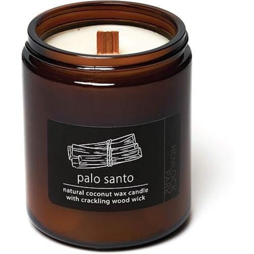 Hemlock Park Crackling Wood Wick Candle Handcrafted with Natural Coconut Wax and Essential Oils (Standard 8 oz, Palo Santo)