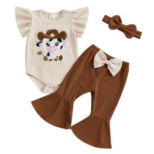 Doisbetthsay Baby Girl Summer Clothes Western Newborn Girl Short Sleeves Animal Cow Romper Pants Headband Set Outfits