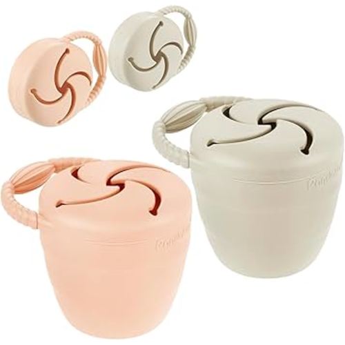 PandaEar Silicone Snack Containers, Collapsible Toddler Snack Cups Spill Proof Food Catcher for Toddler Baby, Pack of 2 (Pink & Linen)