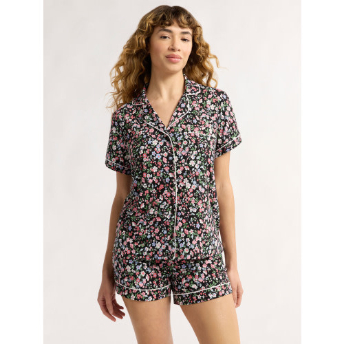 Joyspun Women’s Short Sleeve Knit Notch Collar Top and Shorts Pajama Set, 2-Piece, Sizes XS-3X