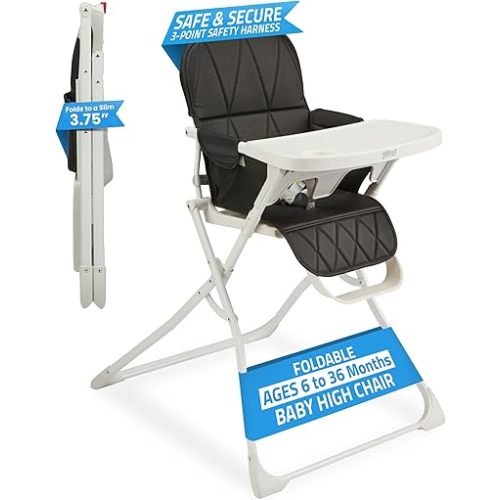Primo PopUp Folding High Chair (for Baby Age 6 to 36 Months) Black Folding Beach Chair Style High Chair with Removable Dishwasher Safe Tray, 3pt Safety Harness, Leatherette Seat – Space Saving Design