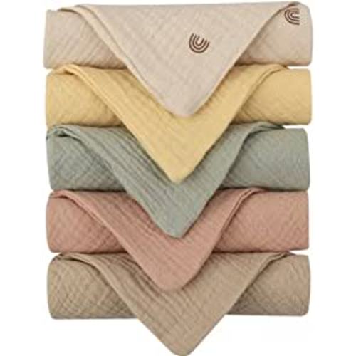 Kjuti Baby Muslin 100% Cotton Burp Washcloth - 4 Layer Hypoallergenic Saliva Soothe Face Washcloths - Burp Cloths 9x9 inch -Newborn Essentials -Burp Cloths for Baby Boy and Girl (Random Colors)