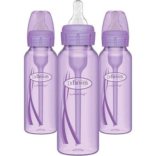 Dr. Brown’s Natural Flow® Anti-Colic Options+™ Narrow Baby Bottles 8 oz/250 mL, with Level 1 Slow Flow Nipple, 3 Pack, Purple, 0m+