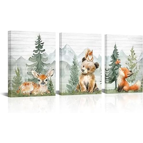 Woodland Nursery Decor Forest Wall Art Wildlife Animal Canvas Print 3-Piece Set 12"x16"