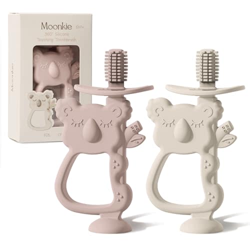 Moonkie Teething Toy Set of 2, Safe & Easy to Hold BPA Free Silicone Teethers, 360° Baby Toothbrush with Suction Base, Teether Toys Best for Babies 6-12 Months (Koala Blush/Shifting Sand)