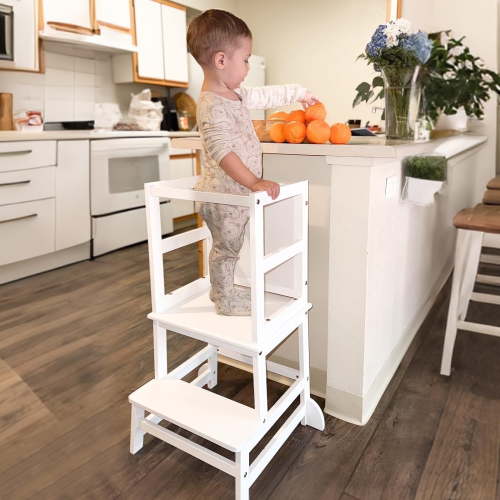 G TALECO GEAR Toddler Kitchen Stool Helper, Step Stool for Kids with Chalkboard Safety Rail for Toddlers 18 Months and Older (White)