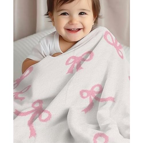 Bow Blanket Pink Bows Soft Throw Blanket Reversible Premium Cozy Fabric for Best Comfort - for Infant,Toddler,Newborn,Nursery,Girl,Throw,Crib,Stroller,Gift, (Pink Bows, 30x40 in)