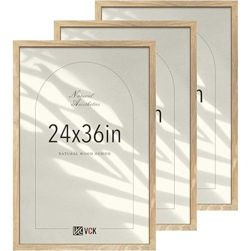 VCK 24x36 Poster Frame Set of 3 - Natural Solid Wood, Exclusive Wood Grain Picture Frame, Wall Hanging