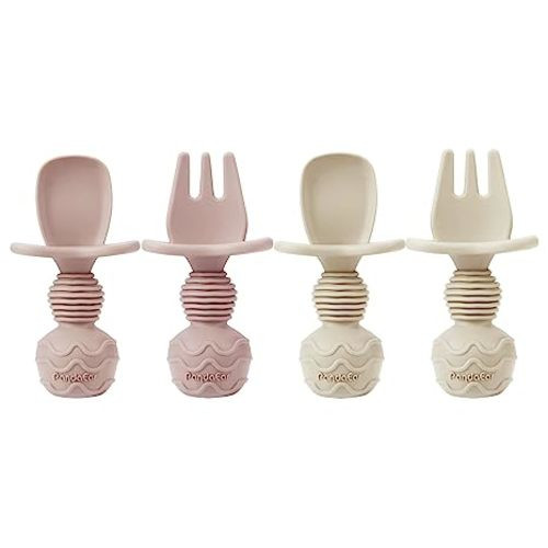 PandaEar 4 Pack Silicone Baby Spoons Forks Feeding Set, Toddler Utensils Baby Led Weaning Supplies, First Stage Baby Spoon Self Feeding 6 Months Old Baby Essentials - Pink Blonde