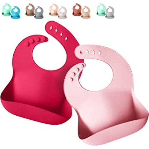 Sperric Silicone Baby Bibs - Soft Silicone Bib with Food Catcher and Waterproof Material - Adjustable Fit for Baby and Toddler (Light/Dark Pink)