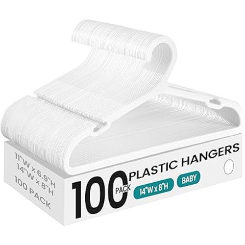 SONGMICS Kids Hangers 100 Pack, Plastic Baby Hangers for Closet, 14 x 7 Inches, for Children Aged 7-12 Years, Space-Saving, Non-Slip, Cloud White UCRP190W01