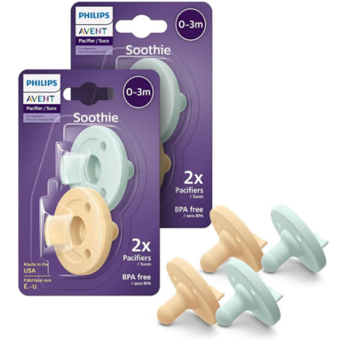 Philips Avent Soothie 0-3 Months Orthodontic Baby Pacifiers, 100% Silicone Pacifiers, One Piece, BPA-Free, 2 Green and 2 Yellow, 4 Pack, Model SCF190/71