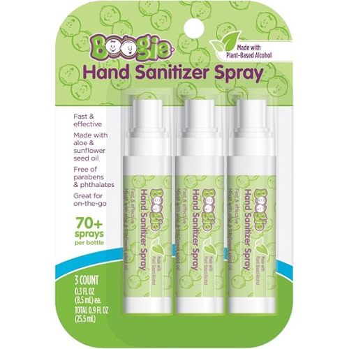 Boogie Kids Hand Sanitizer Spray for Babies &Toddlers, Great for Diaper Bags and Backpacks, Plant Based Alcohol, Made With Aloe & Sunflower Seed Oil, 3 Count (Pack of 1)