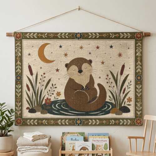 Otter Nursery Woven Tapestry, Moon and Stars Wall Hanging, Woodland Animal Playroom Decor, Baby Shower Gift