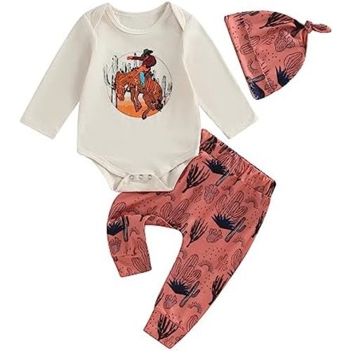 Baby Boy Cowboy Outfit Newborn Western Country Boy Clothes Cow Print Letter Bodysuit+Long Pants+Cap 3pcs Fall Clothes