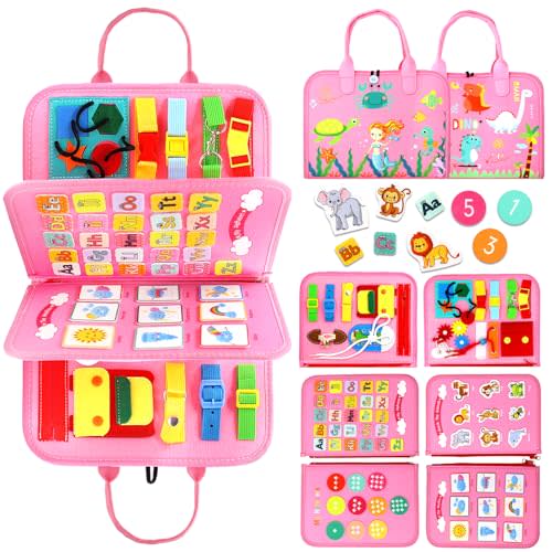 Qizfun Busy Board Montessori Toy for 1 2 3 4 Years Old, Educational Activity Sensory Board Preschool Learning Fine Motor Skills Toys, Toddler Travel Toy for Plane Car, Gift for Boys Girls (Pink/P4)
