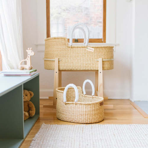 Signature Bilia Bassinet & Doll Basket Combo: Natural - White Leather