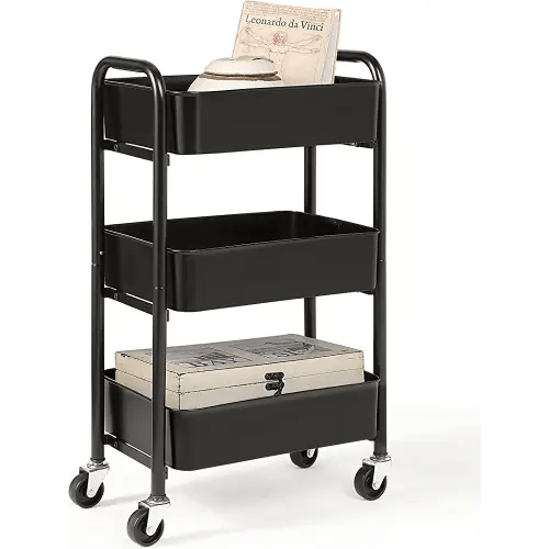 SunnyPoint 3-Tier Delicate Compact Rolling Metal Storage Organizer - Mobile Utility Cart Kitchen/Under Desk Cart with Caster Wheels (BLK, Compact (15.5" X 26.8" X 10.27"))