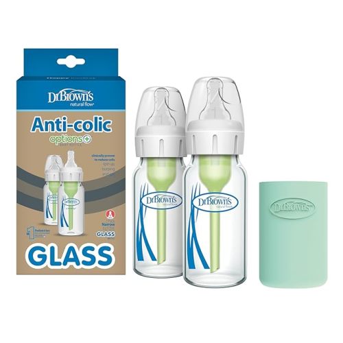 Dr. Brown's Natural Flow Anti-Colic Options+ Narrow Glass Baby Bottle + Baby Bottle Sleeves – 4 oz | 2 Pack