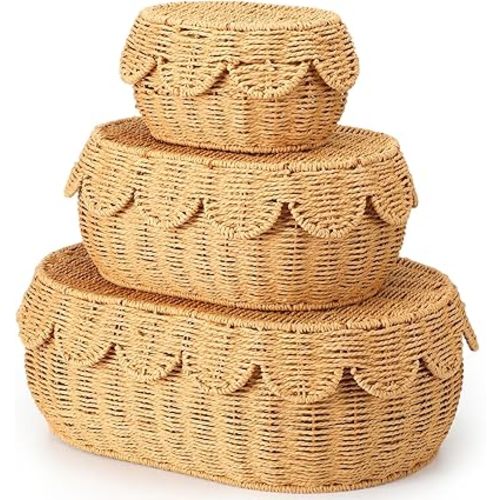 Set of 3 Scalloped Baskets with Lids 10/13/14 Inch Hand Woven Storage Wicker Baskets for Baby Shower Gifts Baby Diaper Caddy Organizer for Nursery Room(Paper Rope)