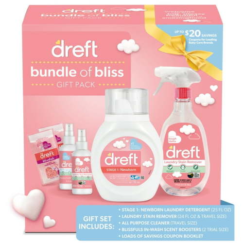 Dreft Bundle of Bliss Baby Gift Set with Laundry Detergent and Stain Remover, Infant Essentials, 16 Loads, 7 Pieces