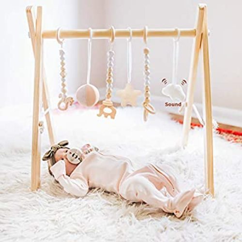 funny supply Wooden Baby Gym with 6 Gym Toys Foldable Baby Play Gym Frame Activity Center Hanging Bar Newborn Gift - Wooden Play Gym