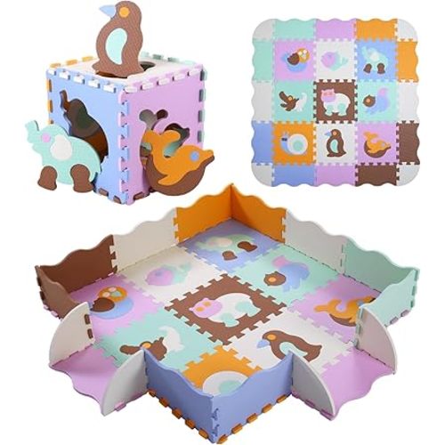 Foam Play Mat for Kids,25Pcs Square Interlocking Puzzle Floor Mat,Baby Play Mat Floor Mat Foam Puzzle Playmat for Toddlers with Fence(Animal-CSH007