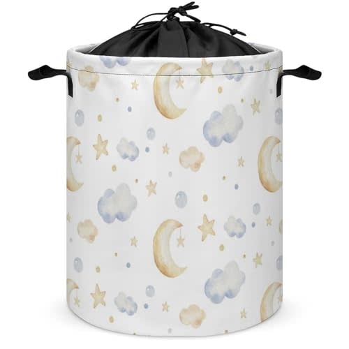 Velumair Baby Laundry Hamper Cartoon Cute Kids Nursery Laundry Basket Drawstring Round Collapsible Toys Clothes Storage Organizer Moon and Stars Decor Baby Hamper for Boys Girls Bedroom