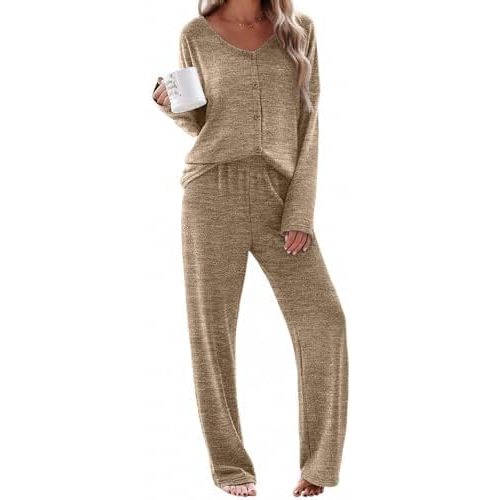 Ekouaer Womens Pajama Sets Button Up Long Sleeve Pjs Soft Lounge Set 2 Piece Sleepwear with Pockets
