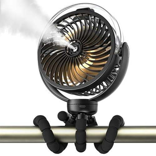Misting Stroller Fan, 6000mAh Battery Operated Portable Fan with Light & 360° Pivoting, Personal Fans with Flexible Tripod for Baby, Office, Travel,Treadmill,Outdoors