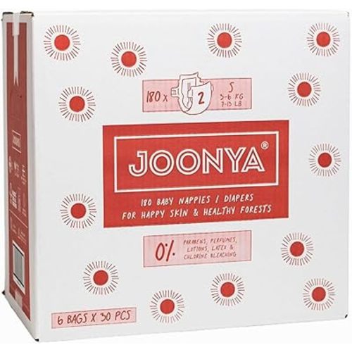 Joonya Baby Diapers, Size 2 S (7-13 lb) - 6 Bags of 30 (180) - **New Range** - NonToxic, Eco-Friendly, Ultra Slim, Overnight Use - Made in Denmark