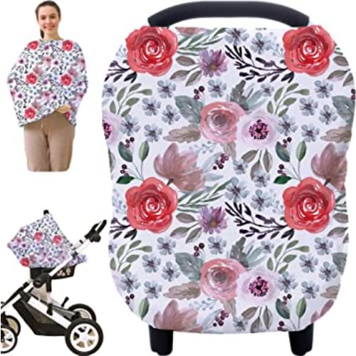 Multi-use Canopy Cover Breastfeeding Cover - Car Seat Covers for Babies, Stretchy Carseat Canopy Cover, Boys and Girls Shower Gifts (purple flower)