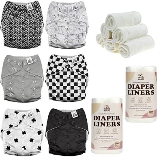 Mama Koala 3.0 Baby Cloth Diapers with 6 Inserts Bundle, with 2 Rolls Disposable Natural Liners